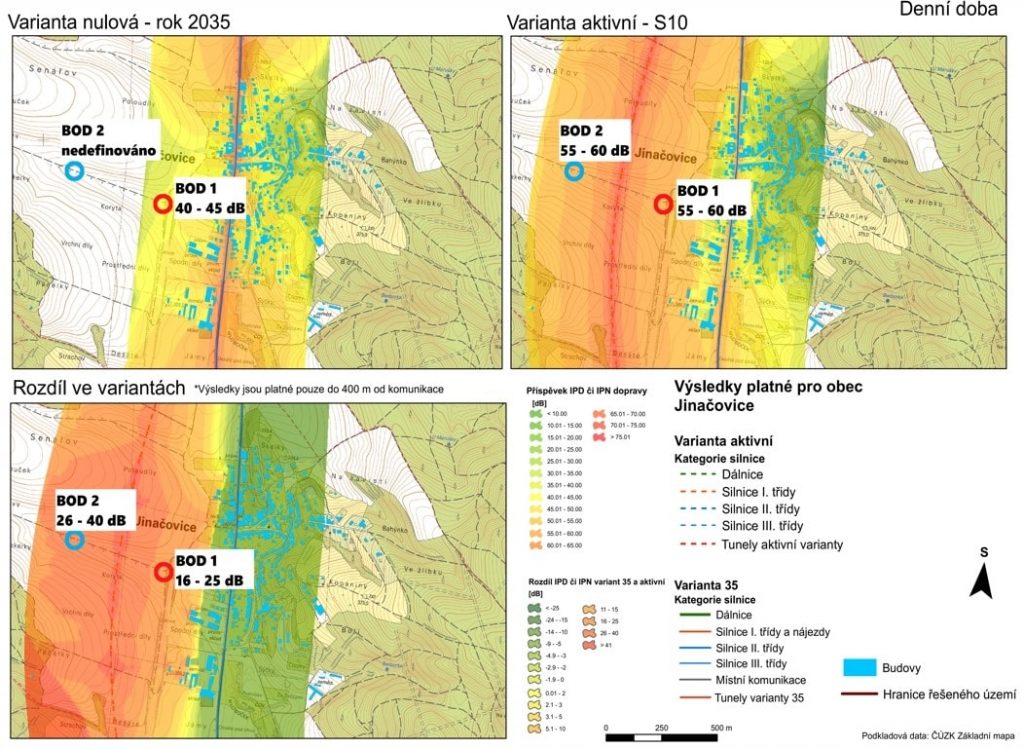 Snímek hlukové studie S10, 2035, den, oblast Jinačovice s doplněním pozice bodů 1 a 2
